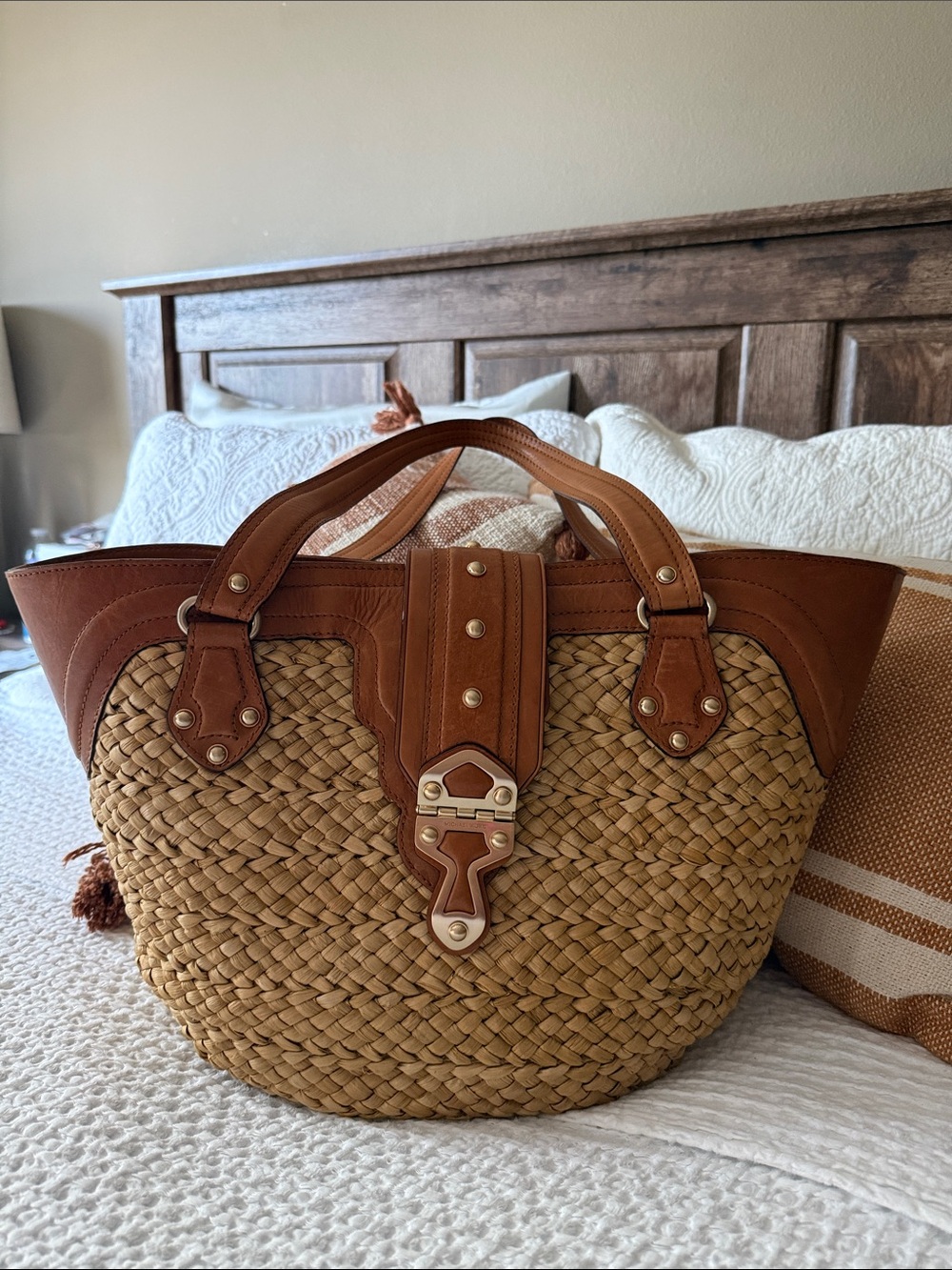 Michael Kors Tan Leather & Natural Straw Woven Tote with Gold Hardware